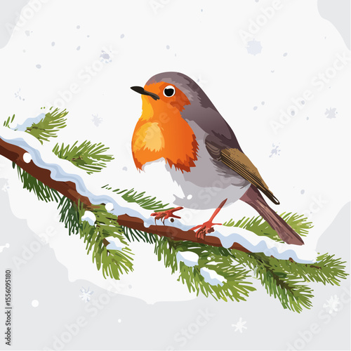 An inviting rendering features a charming robin perched gracefully on a snow covered pine branch in winter, evoking the festive holiday spirit.