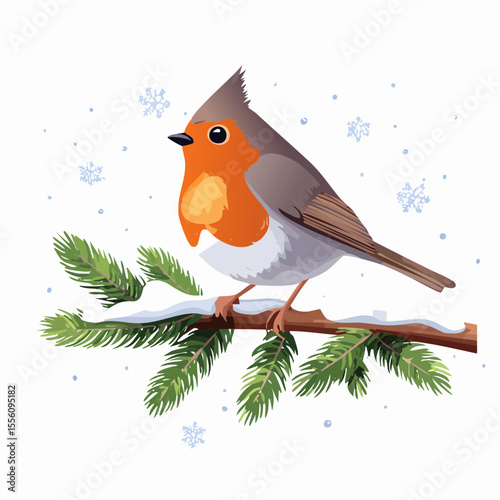 Festive robin perched on a snow-covered branch evokes winter charm, suitable for Christmas holiday cards, seasonal decor or nature-themed designs.