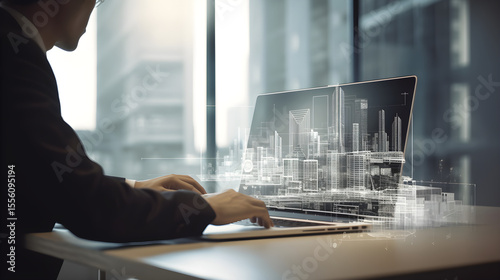 BIM (building information modeling) technology concept. Businessman using computer laptop with BIM icons on virtual screen.