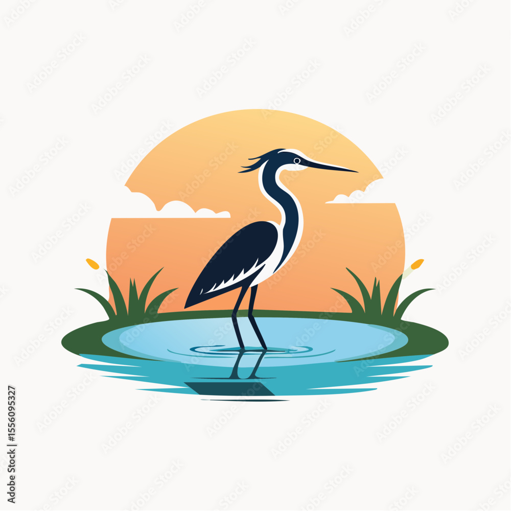 Obraz premium A serene heron graphic gracefully stands in shallow water as the sun sets, a peaceful nature scene ideal for logos and design projects.