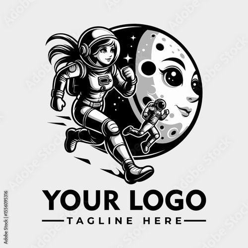 A female astronaut sprints across space, a smaller astronaut and a stylized moon face accompany her.
