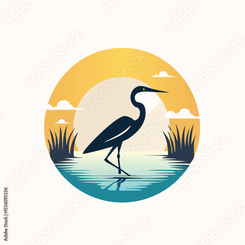 Elegant heron graphic for nature themed designs offering a tranquil sunrise with lake and bird elements suitable for logo creation.