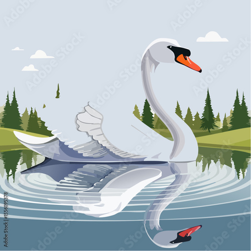 Graceful swan design with reflection in the calm water, perfect for nature themes, serene designs, and elegant avian-inspired projects.