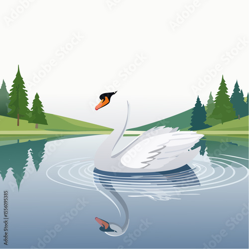 Elegant swan gliding serenely on a still lake with a lush, green landscape creating a peaceful scene of nature's beauty.
