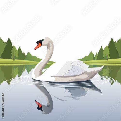 Elegant swan gracefully glides on a serene lake surrounded by lush green forest, suitable for scenic designs.