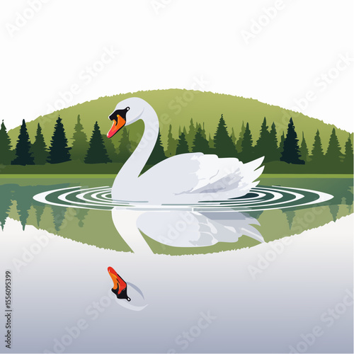 Elegant swan gracefully glides on a serene lake, surrounded by lush green trees, perfect for nature themed designs and artwork.