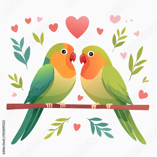 Pair of lovebirds perched together with hearts and botanical elements creating a lovely design for invitations or greeting cards.