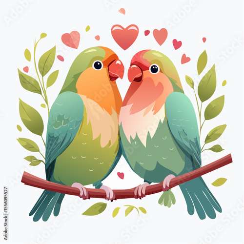 Two lovebirds perched on a branch surrounded by hearts and foliage create a charming graphic suitable for Valentine's Day or anniversary designs.