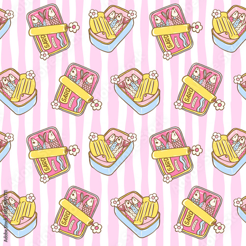 Cute retro coquette sardines in tin can seamless pattern with pastel girly summer fisherman aesthetic on striped background for fabric or digital paper