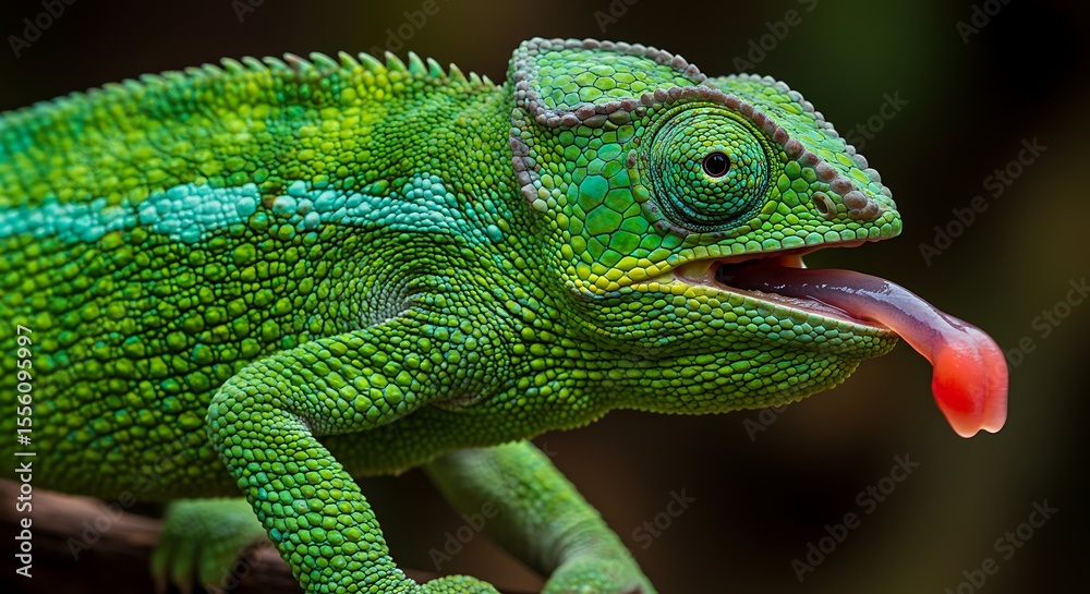Naklejka premium Vibrant Green Chameleon Catching Prey with Long Tongue