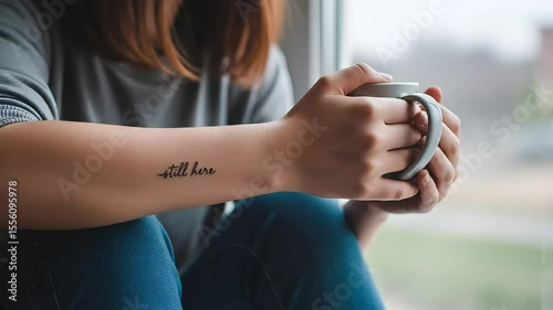 Close-up of woman holding coffee mug by window, with tattoo 