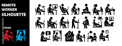 Remote Worker Silhouette Vector Set – Home Office and Digital Nomad Work from Anywhere Icons