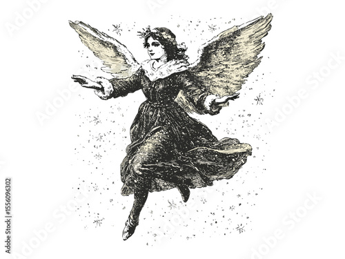 Vintage winter snow angel engraving, retro holiday decor, festive cold season activity illustration, old black sketch style, trendy Christmas motif, hand-drawn seasonal art, classic engraving