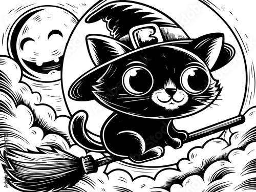 SVG capturing a slow lifestyle with Halloween horror vibes. Cute Black Cat in Witch Hat Riding Broom Across Clouds with Moon