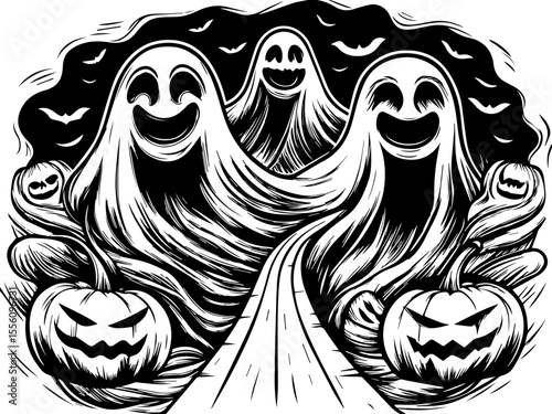 SVG capturing a slow lifestyle with Halloween horror vibes. Happy Ghosts and Pumpkins on a Spooky Halloween Pathway Illustration