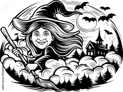 SVG capturing a slow lifestyle with Halloween horror vibes. Whimsical Witch Flying on Broom in Spooky Halloween Landscape