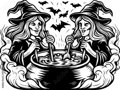 SVG capturing a slow lifestyle with Halloween horror vibes. Two Witches Stirring Potion in Cauldron with Bats Flying Above