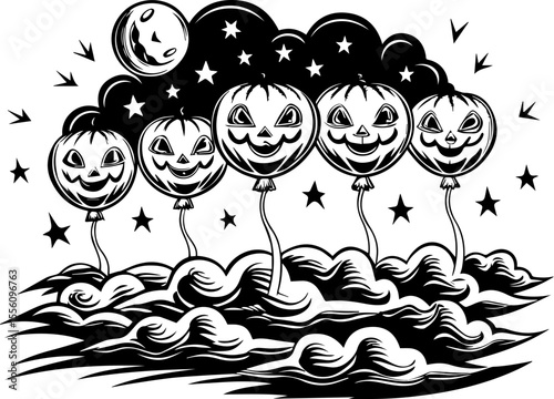 SVG capturing a slow lifestyle with Halloween horror vibes. Spooky Halloween Balloons with Pumpkin Faces in Night Sky Design