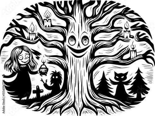 SVG capturing a slow lifestyle with Halloween horror vibes. Spooky Halloween Scene with Haunted Tree and Eerie Characters