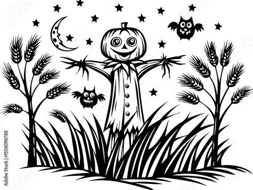 SVG capturing a slow lifestyle with Halloween horror vibes. Whimsical Scarecrow Surrounded by Moon, Stars, and Bats in Field