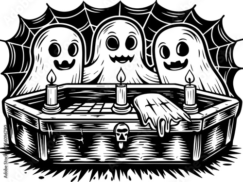 SVG capturing a slow lifestyle with Halloween horror vibes. Halloween themed illustration of playful ghosts around a coffin
