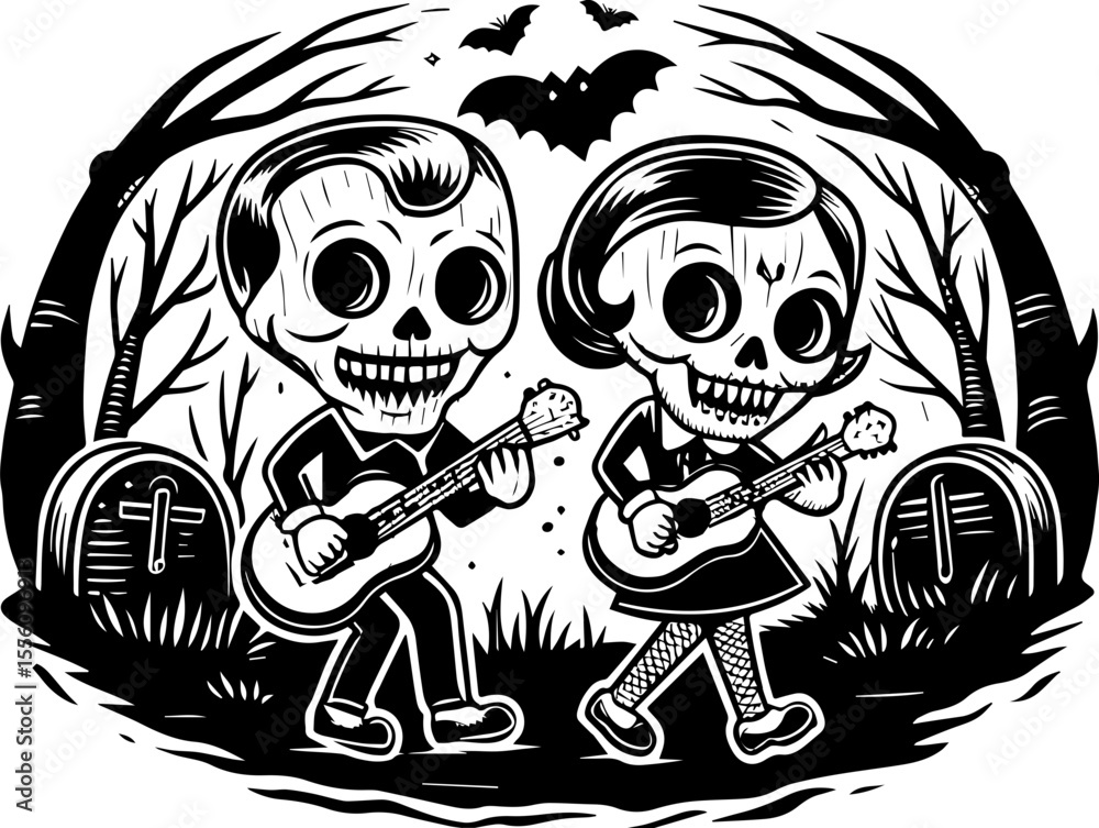 Fototapeta premium SVG capturing a slow lifestyle with Halloween horror vibes. Couple with Skull Heads Playing Guitars in Spooky Graveyard Scene