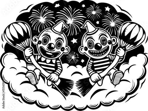 SVG capturing a slow lifestyle with Halloween horror vibes. Playful Clowns with Fireworks and Swirling Clouds in Black and White