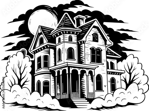 SVG capturing a slow lifestyle with Halloween horror vibes. Vintage haunted house illustration with spooky atmosphere and clouds