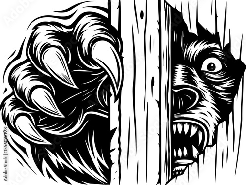 SVG capturing a slow lifestyle with Halloween horror vibes. Intense Creature Hand and Face Breaking Through Wooden Surface