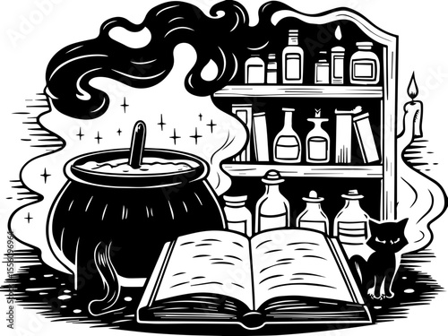SVG capturing a slow lifestyle with Halloween horror vibes. Mysterious witchcraft scene with potion, book, and cat illustration