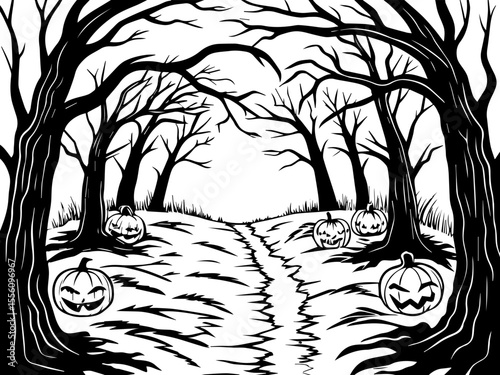 SVG capturing a slow lifestyle with Halloween horror vibes. Spooky Halloween Forest with Jack-o'-lanterns and Bare Trees