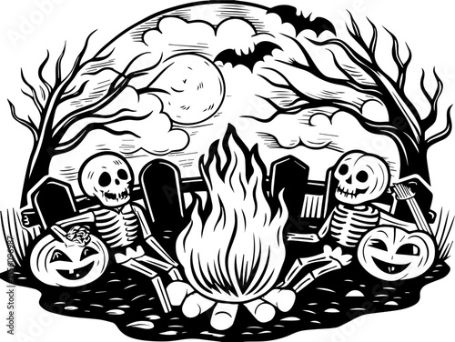 SVG capturing a slow lifestyle with Halloween horror vibes. Spooky Campfire Gathering with Skeletons and Halloween Decorations