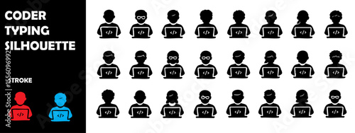 Coder Typing Silhouette Vector Set – Programming, Software Development and IT Work Icons