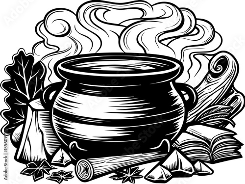 SVG capturing a slow lifestyle with Halloween horror vibes. Vintage Style Cauldron With Smoke, Herbs, and Magical Elements