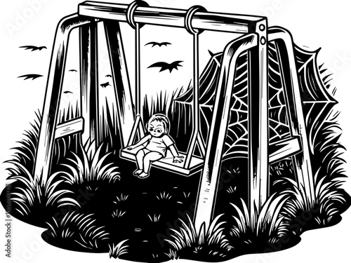 SVG capturing a slow lifestyle with Halloween horror vibes. Child on Swing Surrounded by Spider Webs and Bats in a Spooky Scene