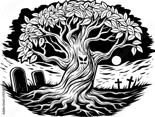 SVG capturing a slow lifestyle with Halloween horror vibes. Gnarled Tree with Skull and Tombstones Under Night Sky