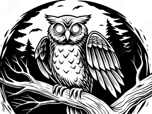 SVG capturing a slow lifestyle with Halloween horror vibes. Majestic Owl Perched on Branch in Nighttime Forest Landscape