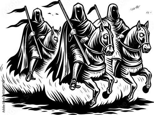 SVG capturing a slow lifestyle with Halloween horror vibes. Mysterious Figures Riding Horses in Cloaks with Banners
