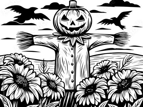 SVG capturing a slow lifestyle with Halloween horror vibes. Scarecrow Among Sunflowers in Black and White Illustration Scene