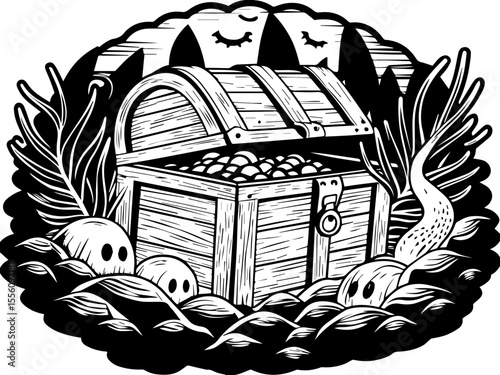 SVG capturing a slow lifestyle with Halloween horror vibes. Treasure Chest Surrounded by Mysterious Creatures and Plants Design