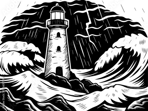 SVG capturing a slow lifestyle with Halloween horror vibes. Lighthouse Standing Strong Amidst Stormy Seas and Dark Clouds