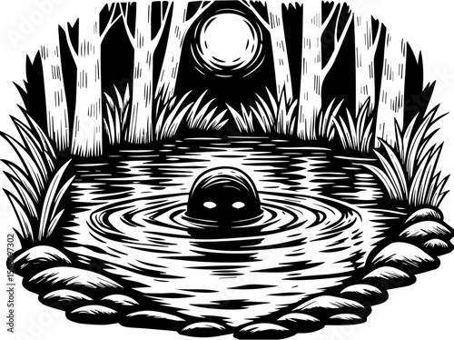SVG capturing a slow lifestyle with Halloween horror vibes. Mysterious Creature Emerges from Dark Water Under Moonlight Night