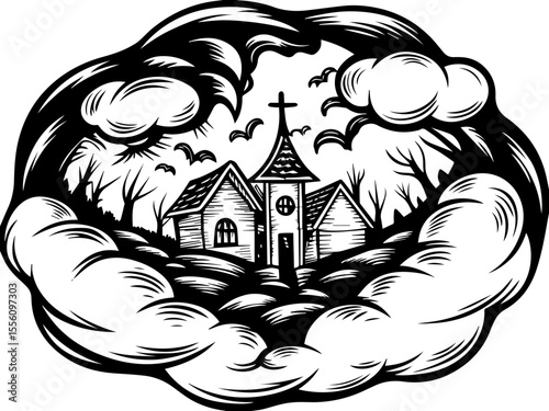 SVG capturing a slow lifestyle with Halloween horror vibes. Spooky Church Surrounded by Clouds and Bats in Black and White