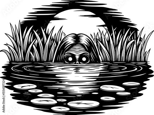 SVG capturing a slow lifestyle with Halloween horror vibes. Mysterious Figure Emerging from Dark Waters Under Full Moon