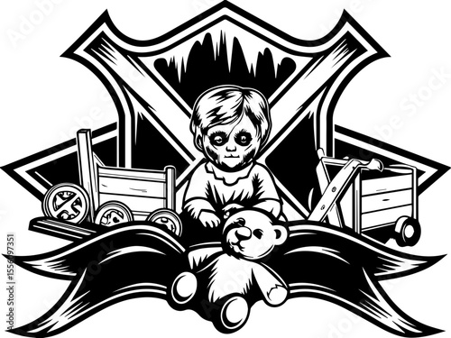 SVG capturing a slow lifestyle with Halloween horror vibes. Vintage Illustration of Child with Toys and Teddy Bear Design
