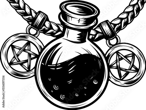 SVG capturing a slow lifestyle with Halloween horror vibes. Intricate Pendant with Potion Bottle and Two Stars Design