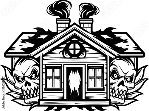 SVG capturing a slow lifestyle with Halloween horror vibes. Spooky Illustrative House with Skulls and Smoke for Halloween Theme