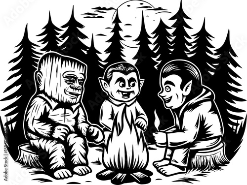SVG capturing a slow lifestyle with Halloween horror vibes. Monsters Gather Around Campfire in Spooky Forest Setting