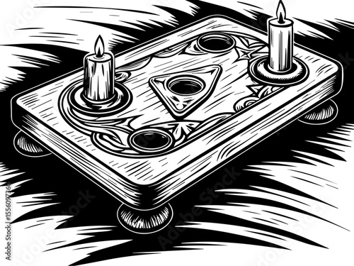 SVG capturing a slow lifestyle with Halloween horror vibes. Intricate Wooden Ouija Board with Candles on Mysterious Background