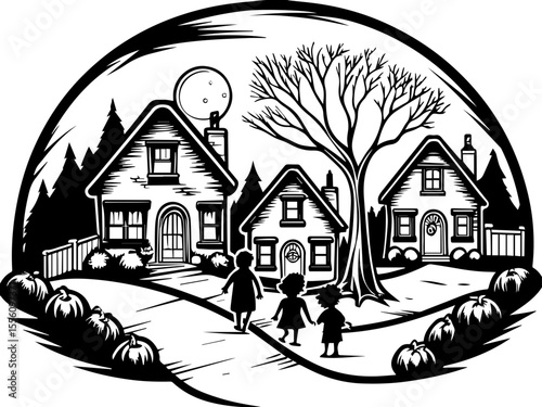 SVG capturing a slow lifestyle with Halloween horror vibes. Whimsical Family Stroll Past Houses and Autumn Tree Silhouette
